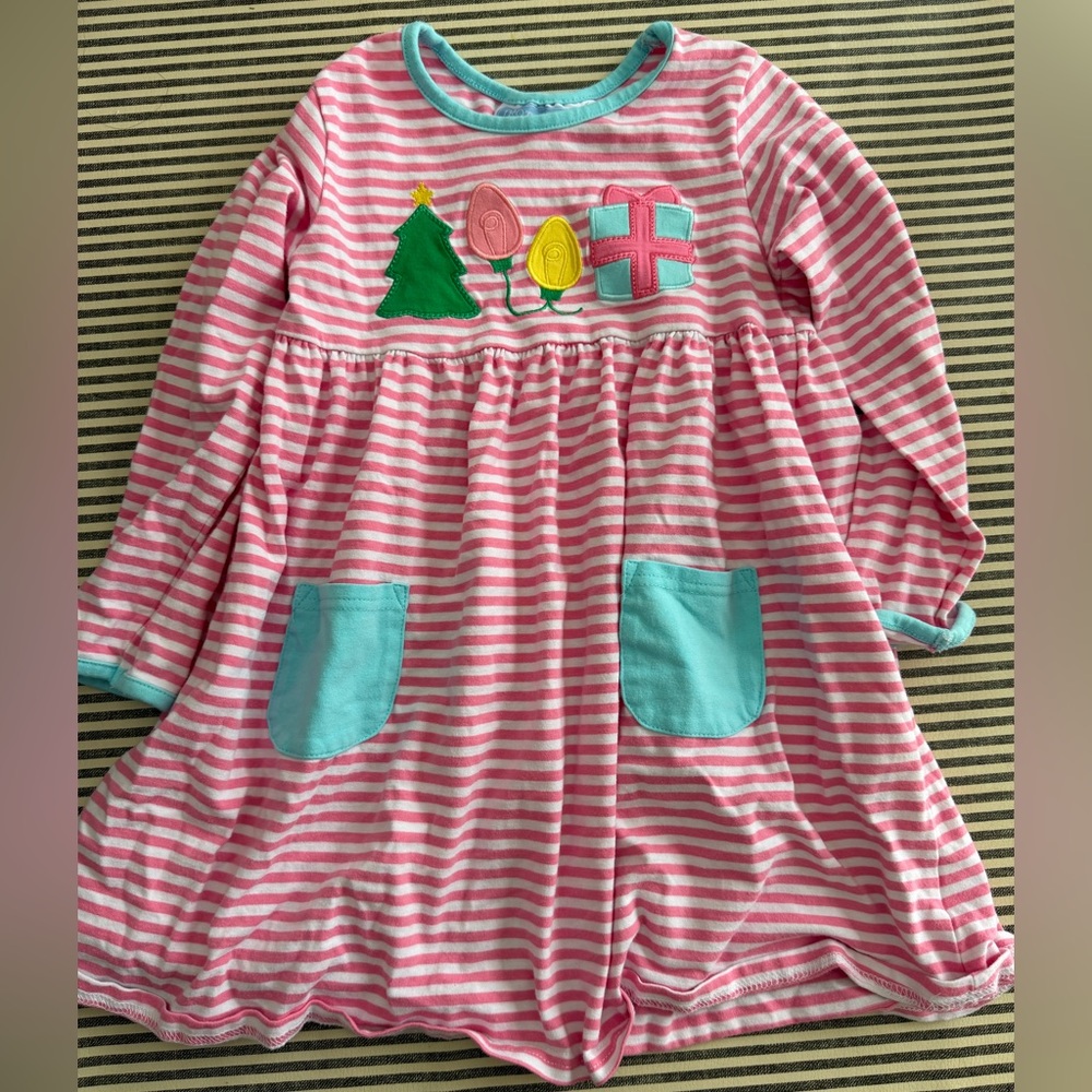 Girls Christmas Pink Striped Dress with Festive Patches